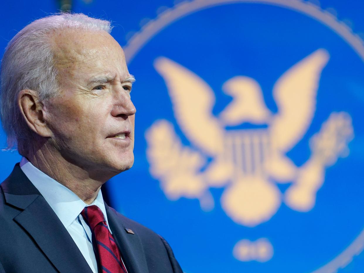 President-elect Joe Biden speaks during an event at The Queen theater in Wilmington, Delaware, Tuesday, 8 December, 2020, to announce his health care team (AP)