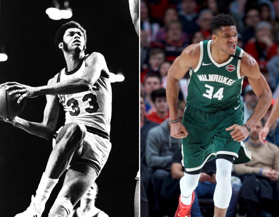 Kareem Abdul-Jabbar, left, and Giannis Antetokounmpo are transcendent talents from two great eras of Bucks basketball
