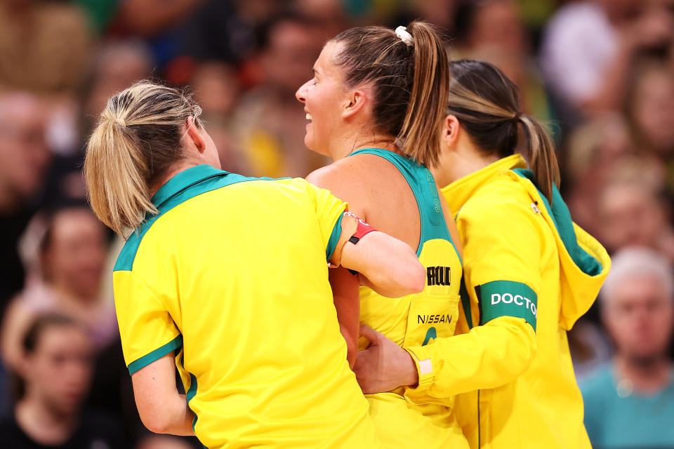 Maddy Proud, pictured here leaving the court during the second netball Test between Australia and England.