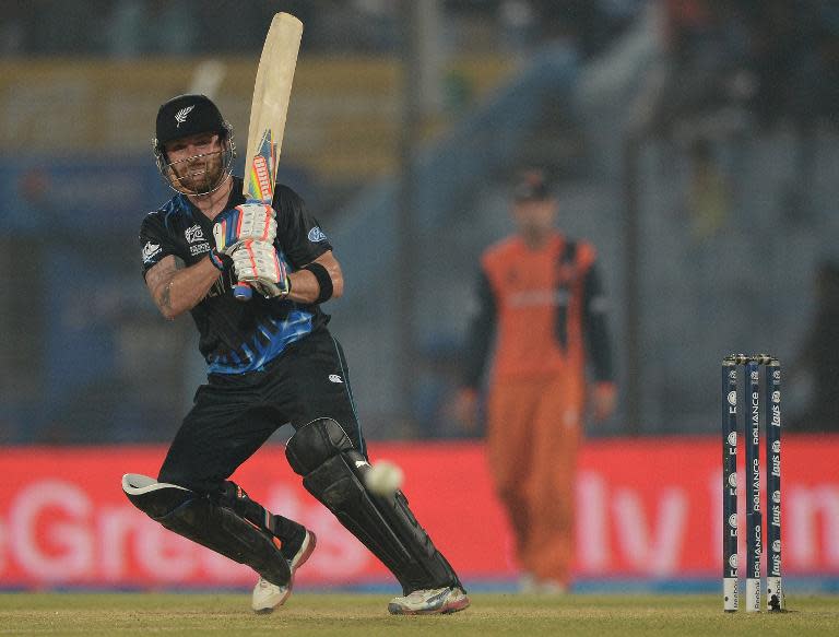 New Zealand batsman Brendon McCullum plays a shot in Chittagong on March 29, 2014