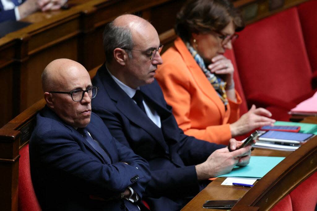 Éric Ciotti, Olivier Marleix et Annie Gennevard le 12 mars 2024 à l’Assemblée nationale.