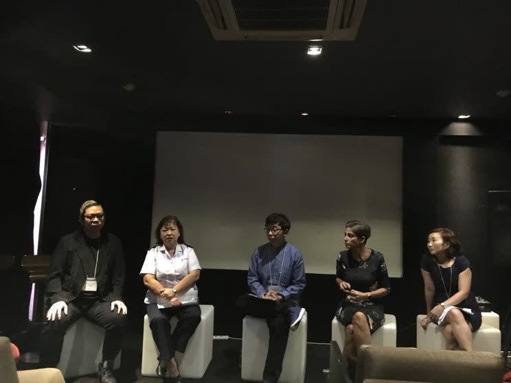 Anita Kapoor (second from right) and representatives from the Lien Foundation and Peacehaven Nursing Home addressed the media. Photo: Nicholas Yong