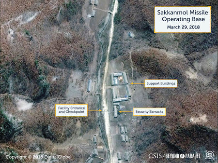 A Digital Globe satellite image taken on March 29, 2018 shows what the Washington, D.C.-based Center for Strategic and International Studies (CSIS) Beyond Parallel project reports is an undeclared missile operating base at Sakkanmol, North Korea and provided to Reuters on November 12, 2018. CSIS/Beyond Parallel/DigitalGlobe 2018/Handout via REUTERS