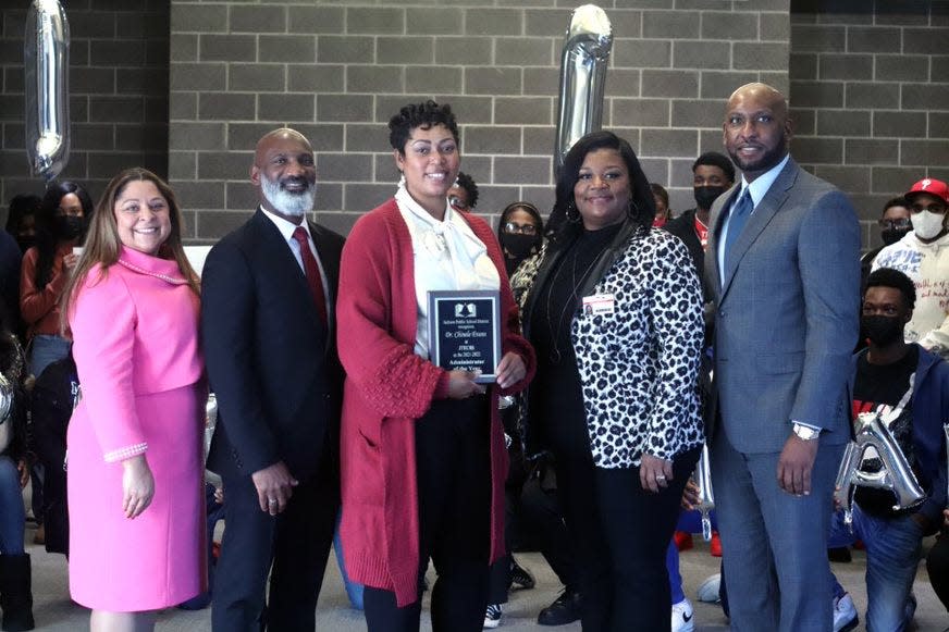 From left: Division 1 Assistant Superintendent Kathleen Grigsby, Jackson Superintendent Errick L. 
Greene, Administrator of the Year Chinelo Bosah Evans of JPS Tougaloo Early College High School, High School Assistant Superintendent Laketia Marshall-Thomas and Jackson Public Schools Chief of Staff William Merritt IV.