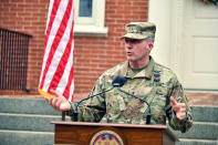 Major General Timothy Gowen, Adjutant General, Maryland National Guard, speaks at a news conference updating coronavirus measures in Maryland Thursday, March 19, 2020 in Annapolis. (Amy Davis/The Baltimore Sun via AP)