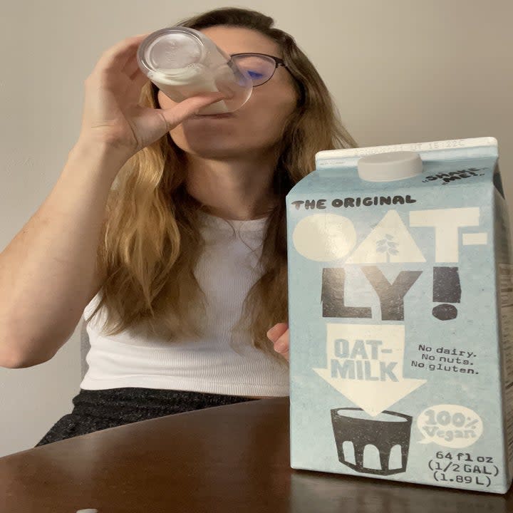 farrah drinking oatly oatmilk