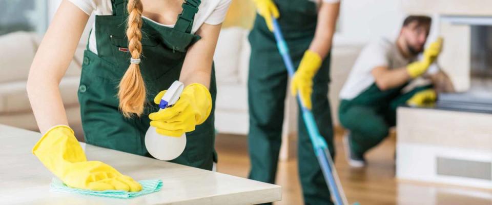 Professional cleaning service in uniforms during work