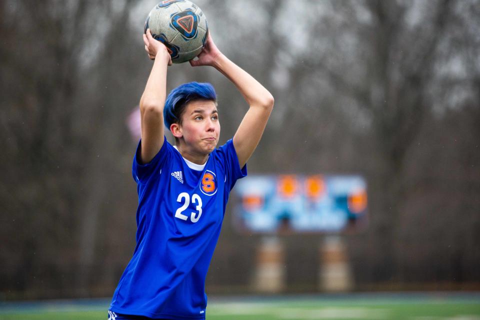 Saugatuck's Bonez Vazquez throws the ball back into play during a game against Fennville Wednesday, April 20, 2022, at Saugatuck High School. 