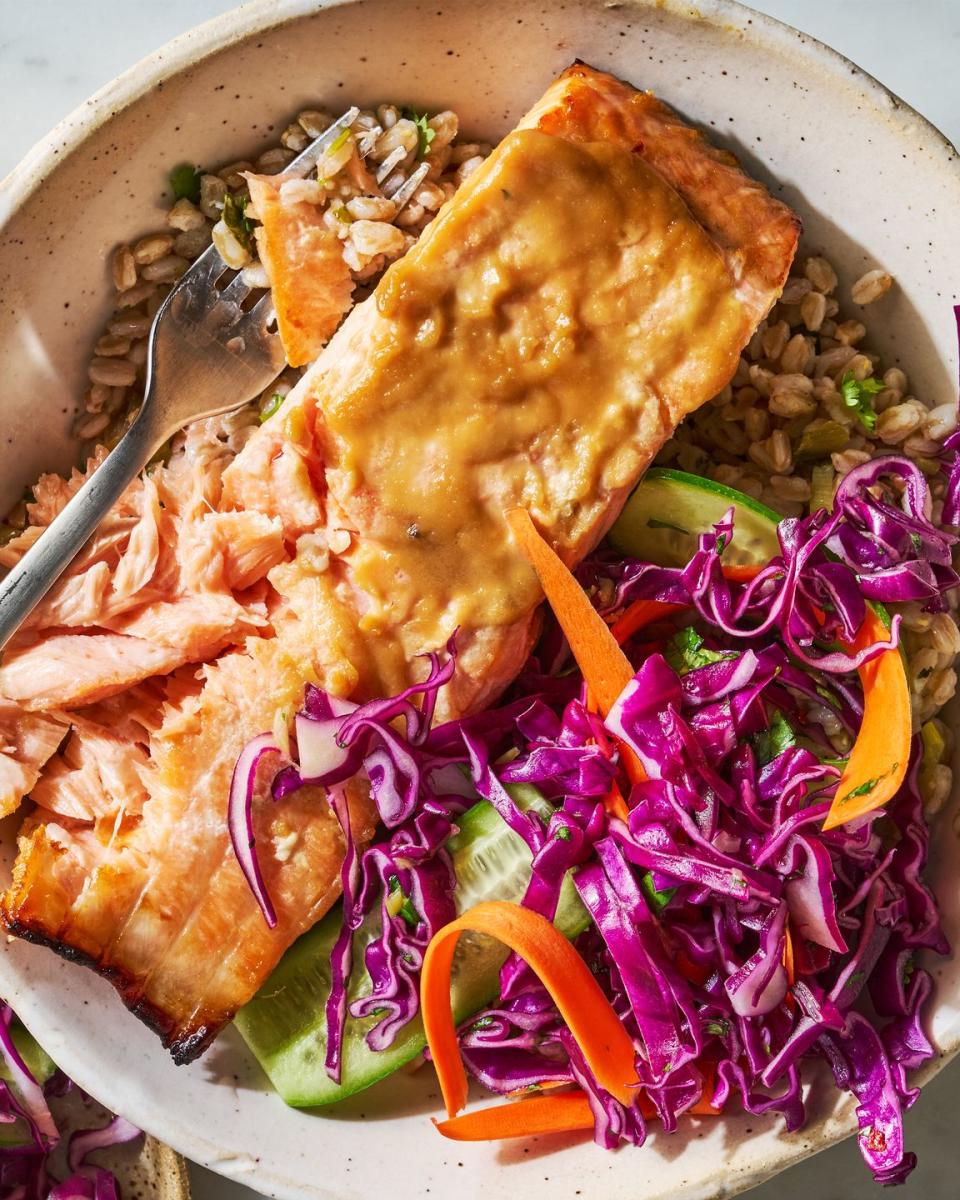 miso glazed salmon served with cucumber carrot salad and charred scallion vinaigrette over cooked farro