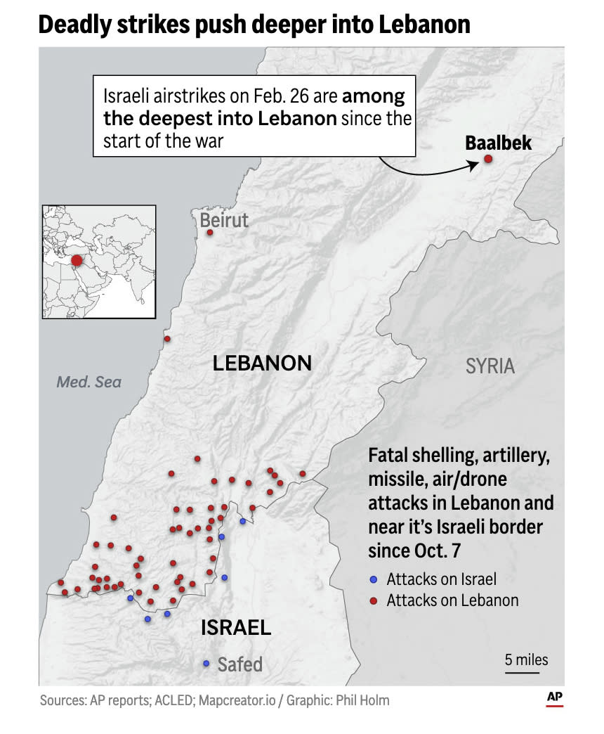 Map of the northern Israel and Lebanon region plots the fatal attacks that have transpired from Oct. 7 to Feb. 26. (AP Digital Embed)