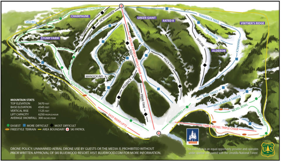 Ski Bluewood's old trail map shows the location of the Skyline Express Triple Chair<p>US Forest Service/Ski Bluewood</p>