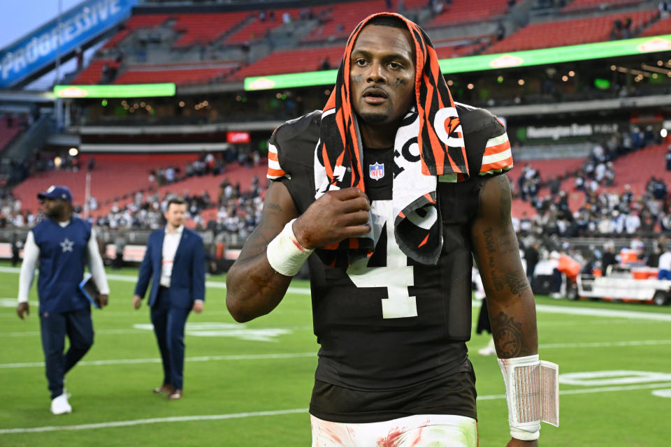 CLEVELAND, OHIO - SEPTEMBER 08: Deshaun Watson #4 of the Cleveland Browns looks on after the game against the Dallas Cowboys at Cleveland Browns Stadium on September 08, 2024 in Cleveland, Ohio. The Cowboys defeated the Browns 33-17. (Photo by Nick Cammett/Getty Images)