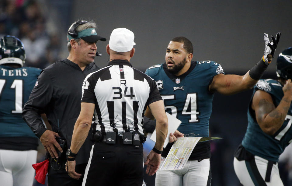Kamu Grugier-Hill was not pleased when officials ruled that he didn’t recover an early Cowboys fumble. (AP)
