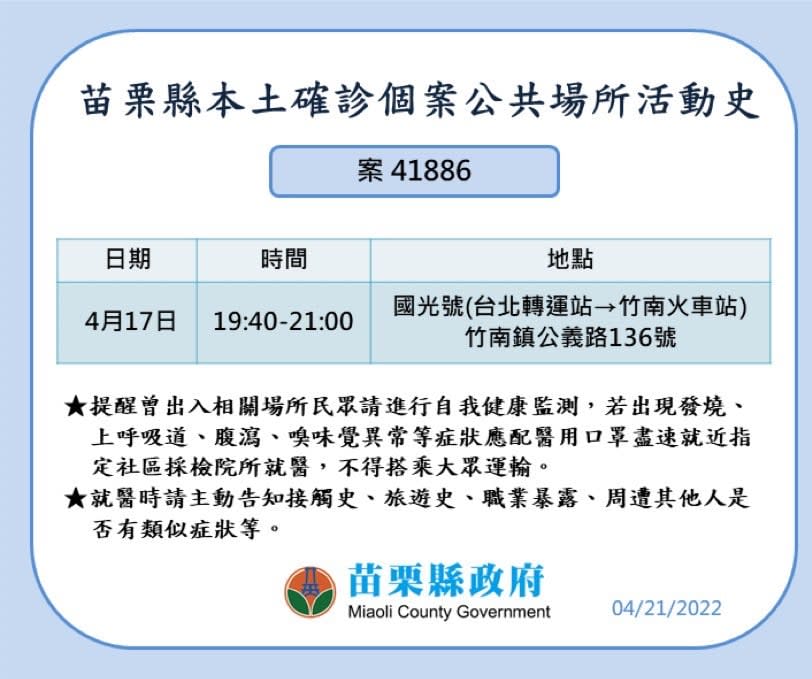 苗栗縣確診個案公共場所活動史。   圖：苗栗縣政府提供