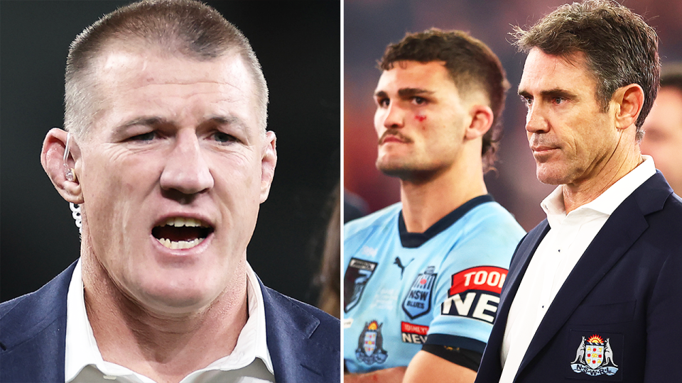 Former Blues coach Brad Fittler (pictured right) and Paul Gallen (pictured left) have both claimed the Blues should not select Nicho Hynes and Mitchell Moses together in the halves after Nathan Cleary was ruled out of State of Origin. (Getty Images)