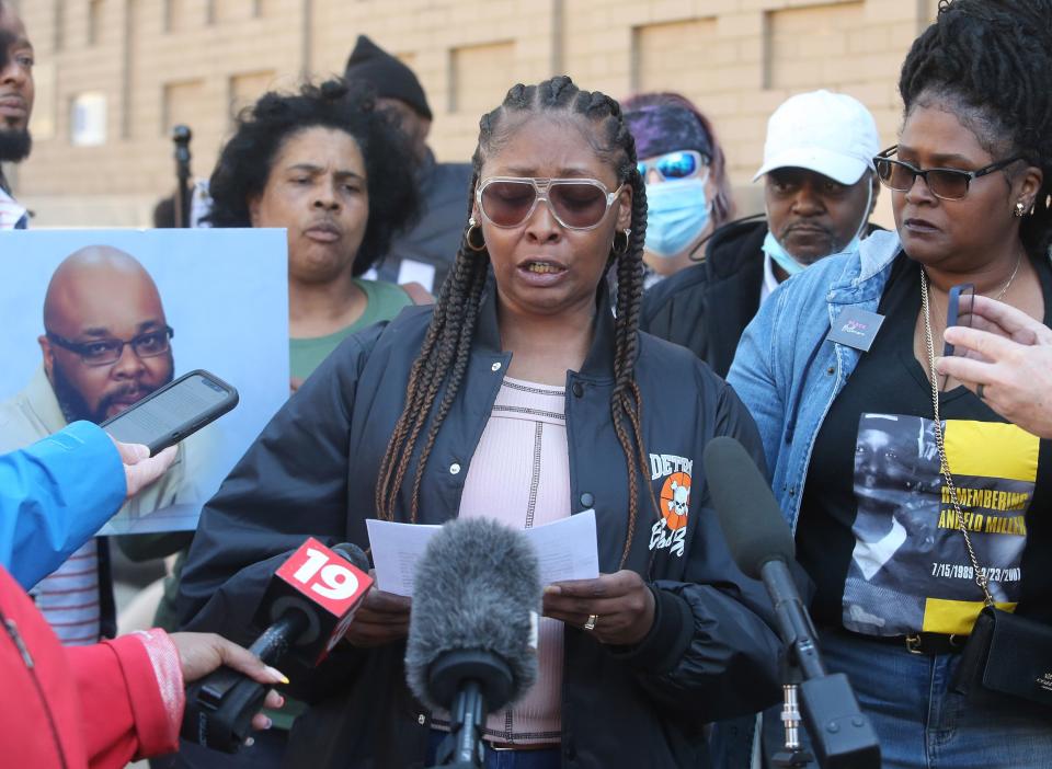 Widow Marquetta Williams speaks at a press conference outside Canton City Hall after it was announced that her family had filed a federal lawsuit against the city and police officer Robert Huber over the fatal shooting of her husband, James, on Jan. 1.
