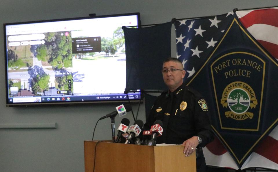 Port Orange Police Chief Manuel Marino speaks at a press conference at police headquarters in Port Orange on Friday, May 24, 2024. Earlier in the day, a fourth-grade girl at Sugar Mill Elementary died after being hit by a car while riding a bicycle in a crosswalk near the school.