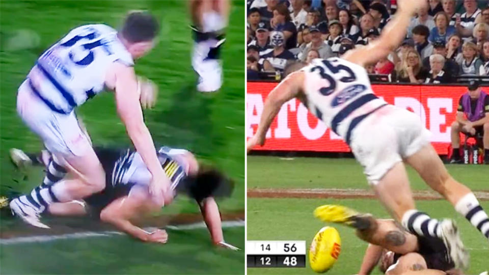 Patrick Dangerfield, pictured here collecting Liam Stocker in the back with his knees.