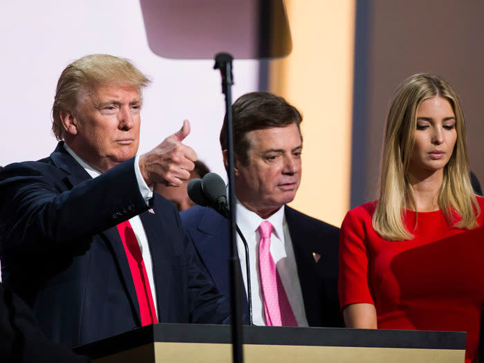 CLEVELAND, OH - JULY 21: Republican nominee Donald Trump, Campaign Manager Paul Manafort, and his daughter Ivanka Trump do a walk thru at the Republican Convention, July 20, 2016 at the Quicken Loans Arena in Cleveland, Ohio. (Photo by Brooks Kraft/ Getty Images)