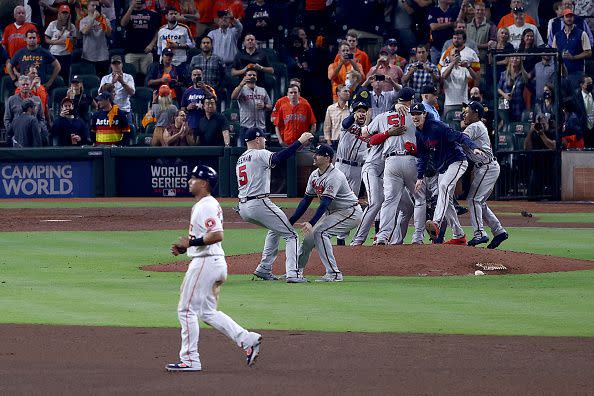 HOUSTON, TEXAS - NOVEMBER 02:  The Atlanta Braves celebrate their 7-0 victory against the Houston Astros in Game Six to win the 2021 World Series at Minute Maid Park on November 02, 2021 in Houston, Texas. (Photo by Tom Pennington/Getty Images)