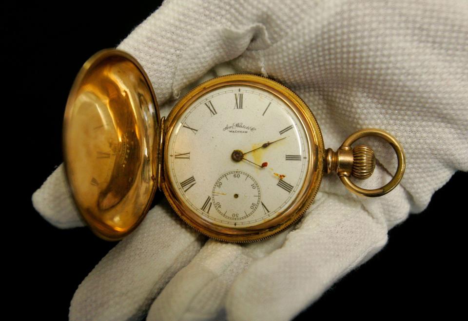 A gold plated Waltham American pocket watch, the property of Carl Asplund, who drowned on the TItanic, is seen at Henry Aldridge and Son auctioneers, in Devizes, Wiltshire, England, Thursday, April 3, 2008. The watch was given an estimated value of £15,000-20,000 at auction. (Getty)