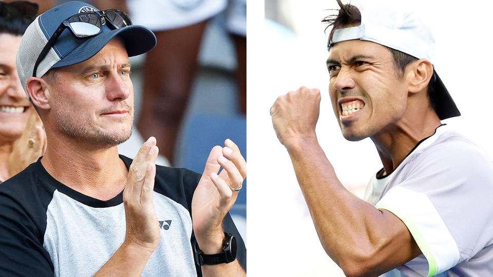 Pictured left to right, Aussie legend Lleyton Hewitt and Jason Kubler during his Australian Open first round win.