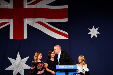 Australia's Prime Minister Scott Morrison with wife Jenny, children Abbey and Lily after winning the 2019 Federal Election, at the Federal Liberal Reception at the Sofitel-Wentworth hotel in Sydney, Australia, May 18, 2019. AAP Image/Dean Lewins/via REUTERS