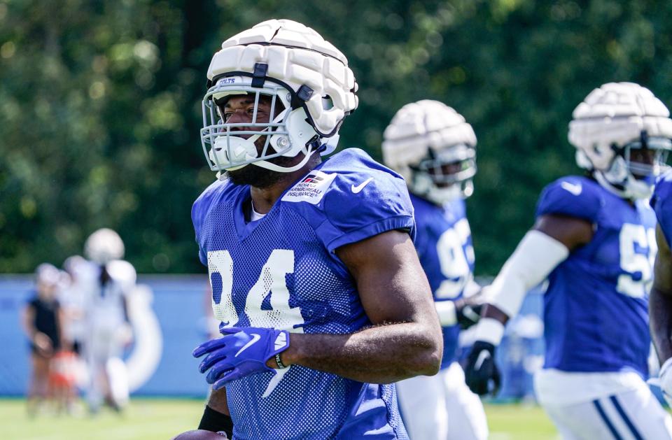 The Indianapolis Colts Tyquan Lewis (94) runs drills during Colts Camp on Monday, August 8, 2022, at Grand Park in Westfield Ind. 