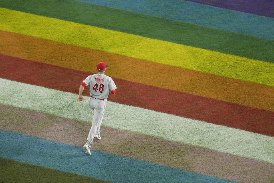 Cincinnati Reds relief pitcher Alex Young enters the game in the fifth inning of a baseball game against the Baltimore Orioles, Wednesday, June 28, 2023, in Baltimore. (AP Photo/Julio Cortez)
