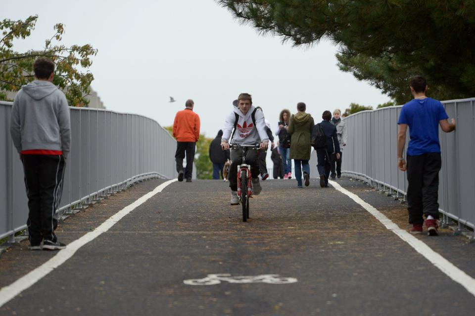 Pushed to the edge: The huge cycle lane makes pedestrians walk in single file (