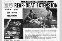 <p>No wonder so many people died on our roads in the 1960s. Vehicle tyres and lighting were rubbish, nobody wore a seatbelt, and drink-driving was legal until 1967. You could also buy items such as this rear seat extension to allow your kids to sleep unrestrained on the move. The road safety lobby would be apoplectic at adverts like this now...</p>