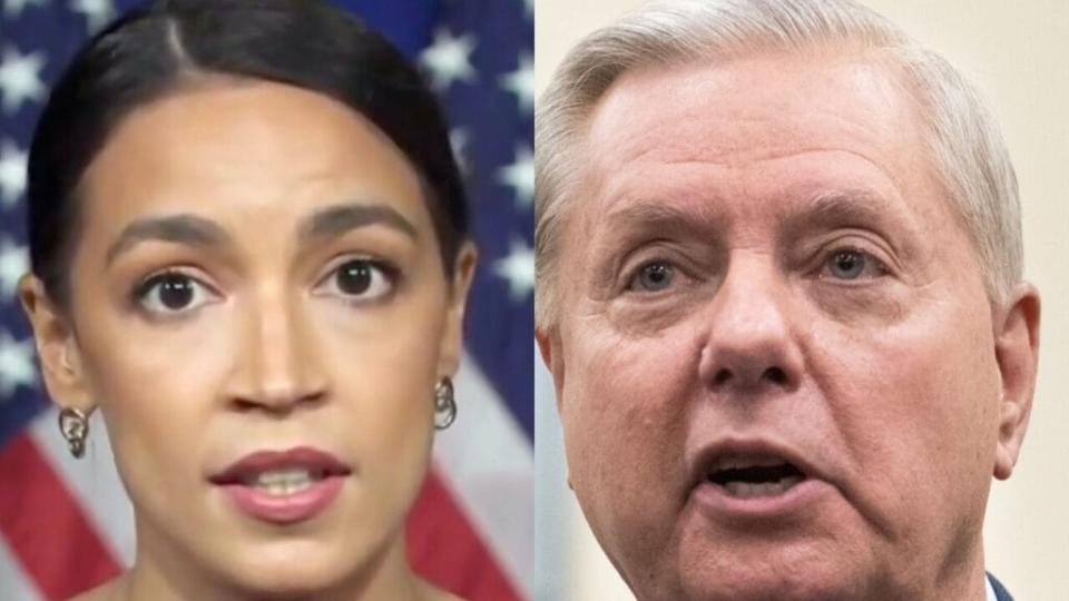 Rep. Alexandria Ocasio-Cortez (left) and Sen. Lindsey Graham (right)