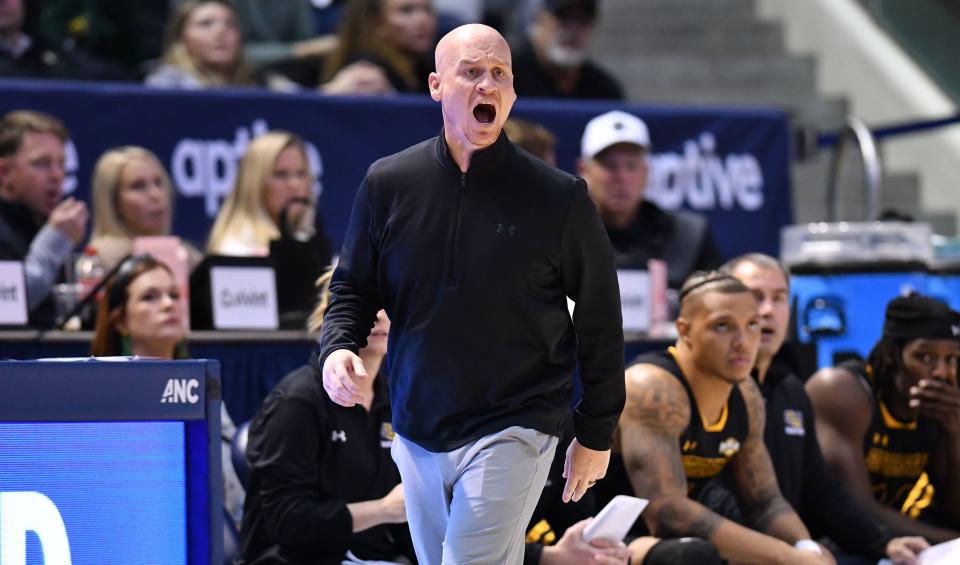 Southeastern Louisiana Lions head coach David Kiefer yells out instructions as BYU and SE Louisiana play at the Marriott Center in Provo on Wednesday, Nov. 15, 2023. BYU won 105-48. | Scott G Winterton, Deseret News