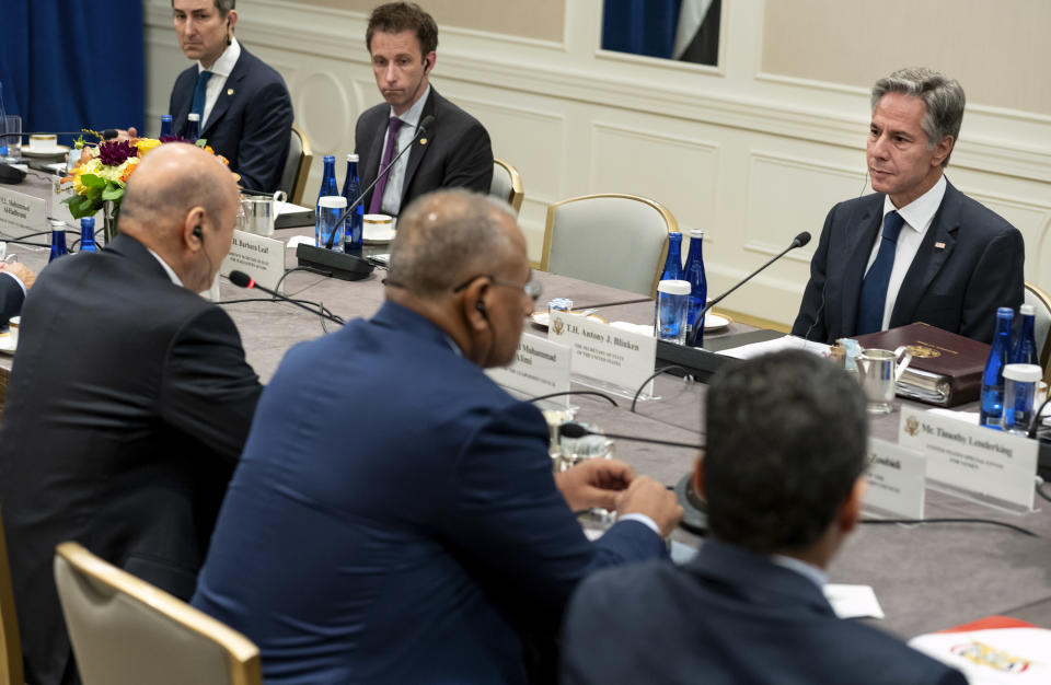 Secretary of State Antony Blinken listens as he meets with Rashad Al-Alimi, far left, Yemen Chairman of the Presidential Leadership Council Monday, Sept. 18, 2023, in New York. (AP Photo/Craig Ruttle, Pool)