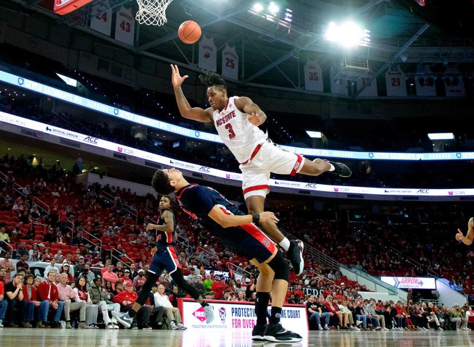 N.C. State’s MJ Rice drives to the basket during the second half of the Wolfpack’s 83-66 win over Detroit on Saturday, Dec. 23, 2023, at PNC Arena in Raleigh, N.C.
