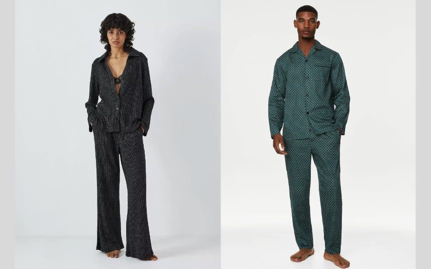 Marks & Spencer and John Lewis are putting pockets on pyjama bottoms to cater to the WFH lifestyle. Pictured: John Lewis' sparkle pyjama set (left) and Marks & Spencer's cotton pyjama set (right)