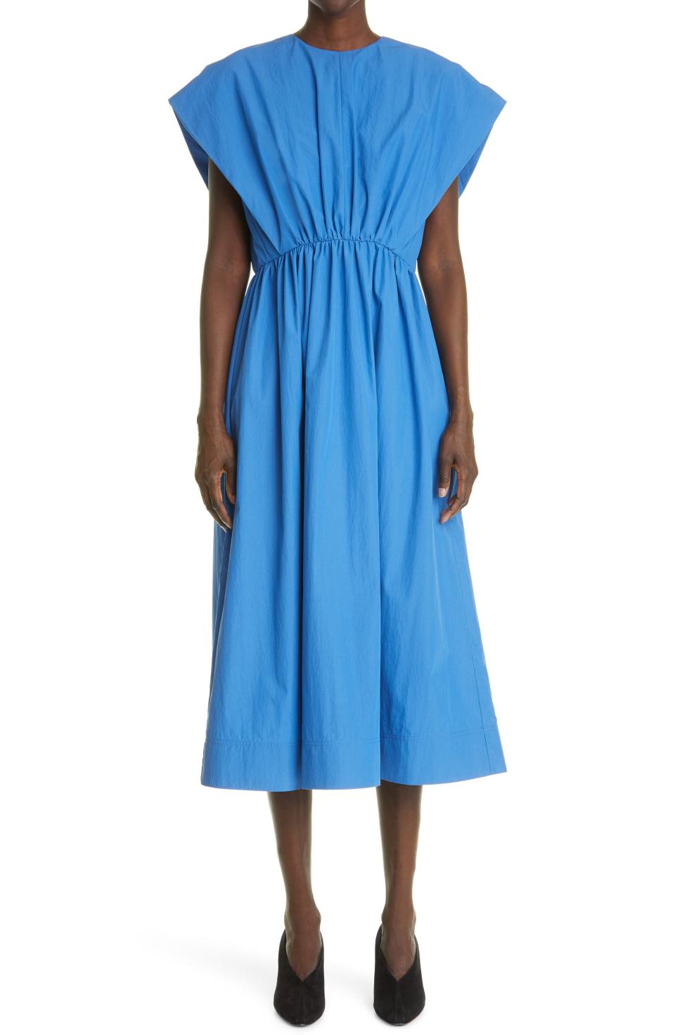 Gathered A-Line Poplin Midi Dress