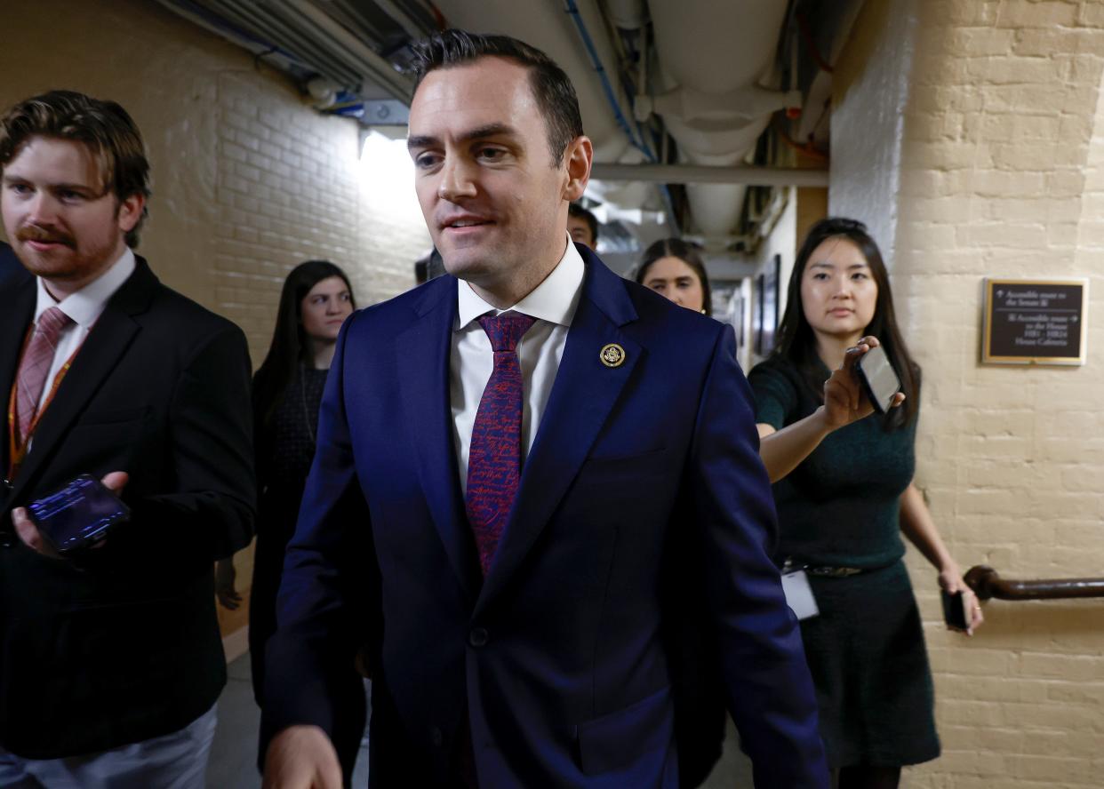 Rep. Mike Gallagher leaves a House Republican caucus meeting at the U.S. Capitol on Feb. 6, 2024, in Washington. The House failed to impeach Homeland Security Secretary Alejandro Mayorkas by a vote of 216-214, with three Republicans including Gallagher voting with all of the Democrats to block the resolution.