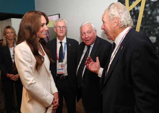 <p>Henry Browne - World Rugby/Getty</p> Kate Middleton chats with Bill Beaumont, chairperson of World Rugby at the Rugby World Cup France 2023 match between England and Argentina on Sept. 9.