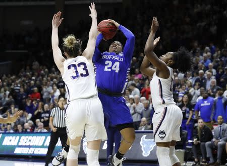 Mar 24, 2019; Storrs, CT, USA; UConn Huskies guard Katie Lou Samuelson (33) defends against Buffalo Bulls guard Cierra Dillard (24) during the second half in the second round of the 2019 NCAA Tournament at Gampel Pavilion. Mandatory Credit: David Butler II-USA TODAY Sports