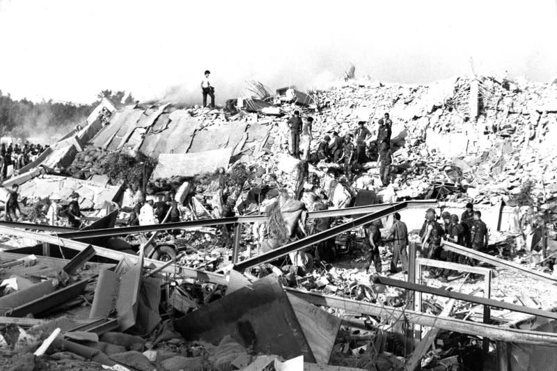 Service members pick through the rubble following the bombing of the U.S. Marine Corps barracks in Beirut, Lebanon, on Oct. 23, 1983. The terror attack killed more than 200 Marines. File Photo by U.S. Marine Corps/UPI