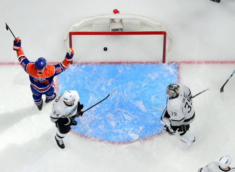 EDMONTON, CANADA - APRIL 22: Zach Hyman #18 of the Edmonton Oilers celebrates after his third goal of the game in the third period against goaltender Cam Talbot #39 of the Los Angeles Kings in Game One of the First Round of the 2024 Stanley Cup Playoffs at Rogers Place on April 22, 2024, in Edmonton, Alberta, Canada. (Photo by Andy Devlin/NHLI via Getty Images)