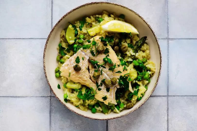 Rice and fish in a bowl.