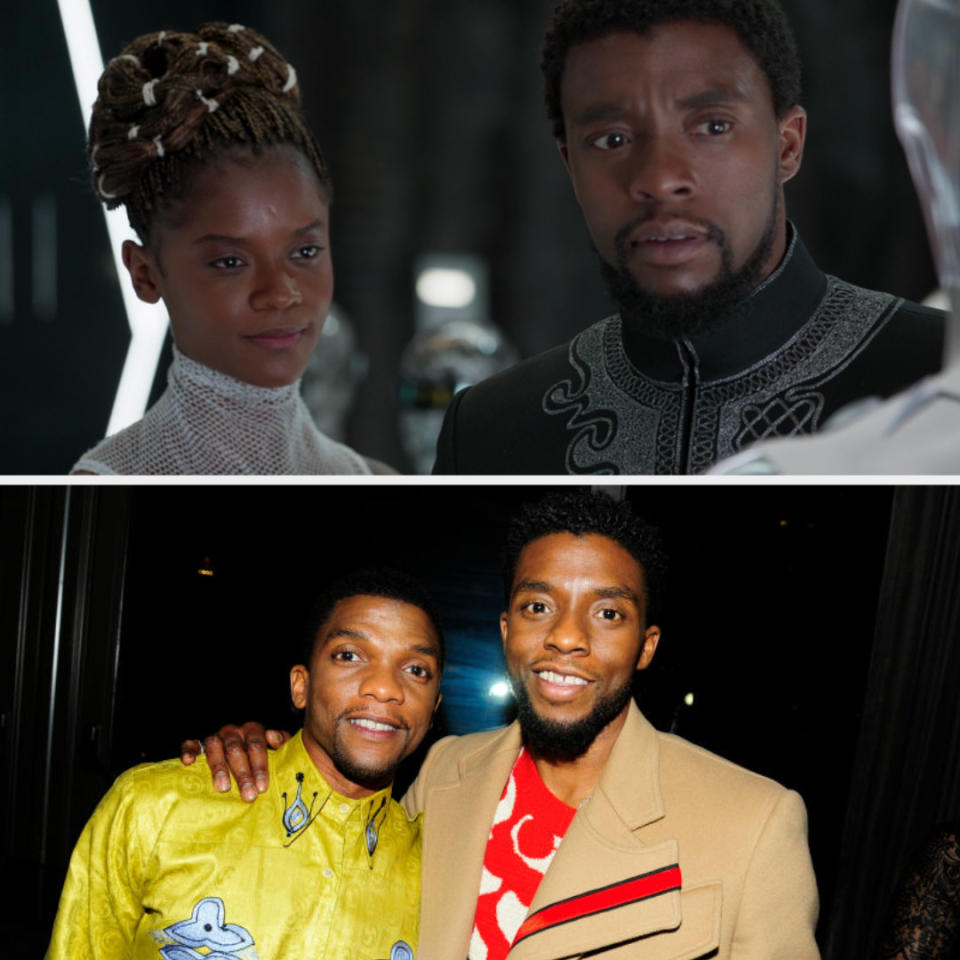 Above, T'Challa and Shuri are looking at new Black Panther suits. Below, Chadwick and Kevin are posing for a photo