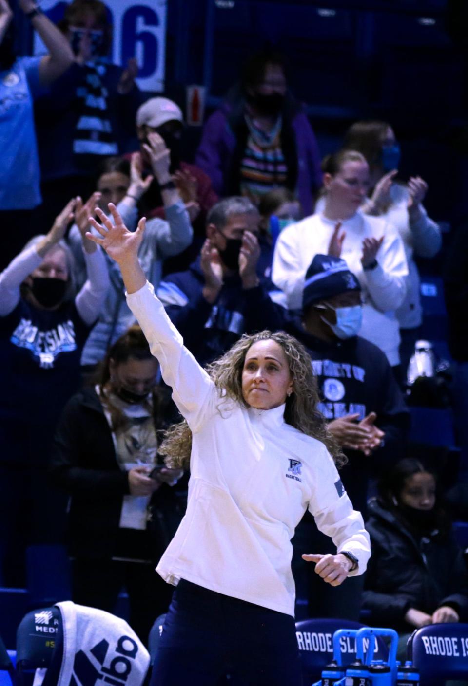 URI Rams head coach, Tammi Reiss, waves to the Ryan Center crowd after her team beat Fordham in February. On Tuesday, Reiss signed a 10-year deal to remain in Kingston.