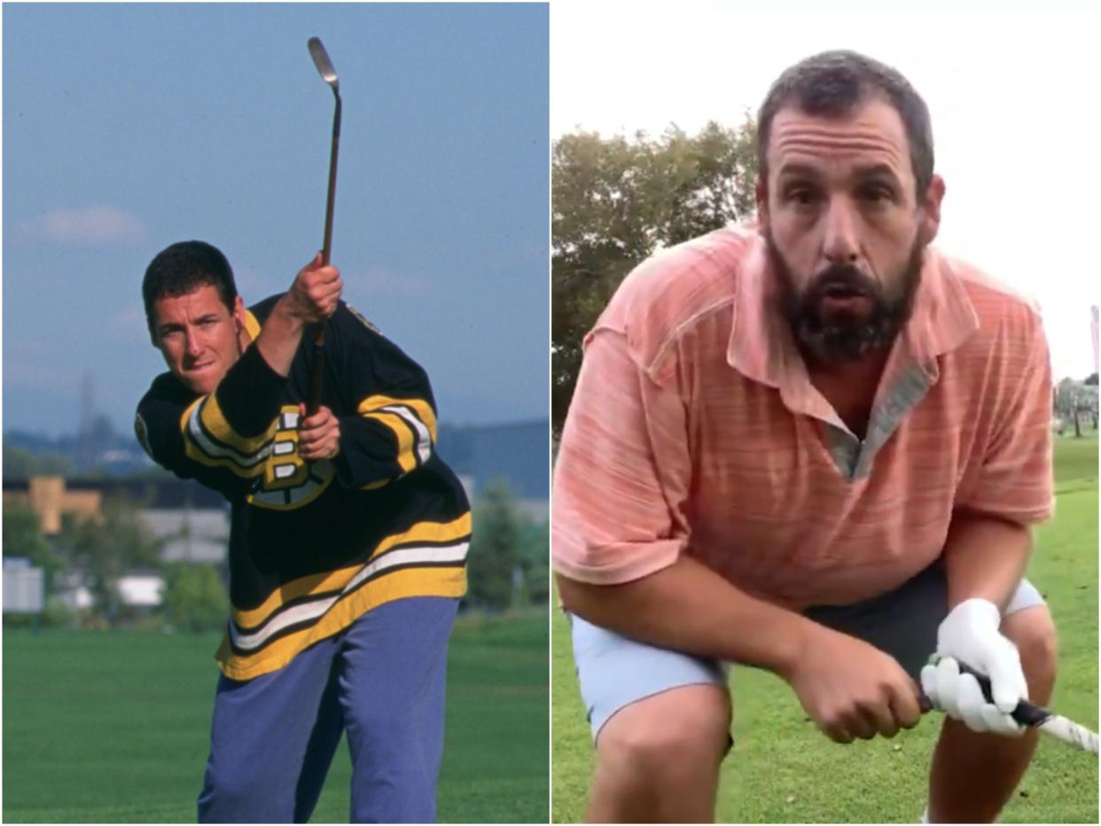 Adam Sandler (left) in Happy Gilmore, and (right) in the anniversary tribute video (Universal/Adam Sandler)