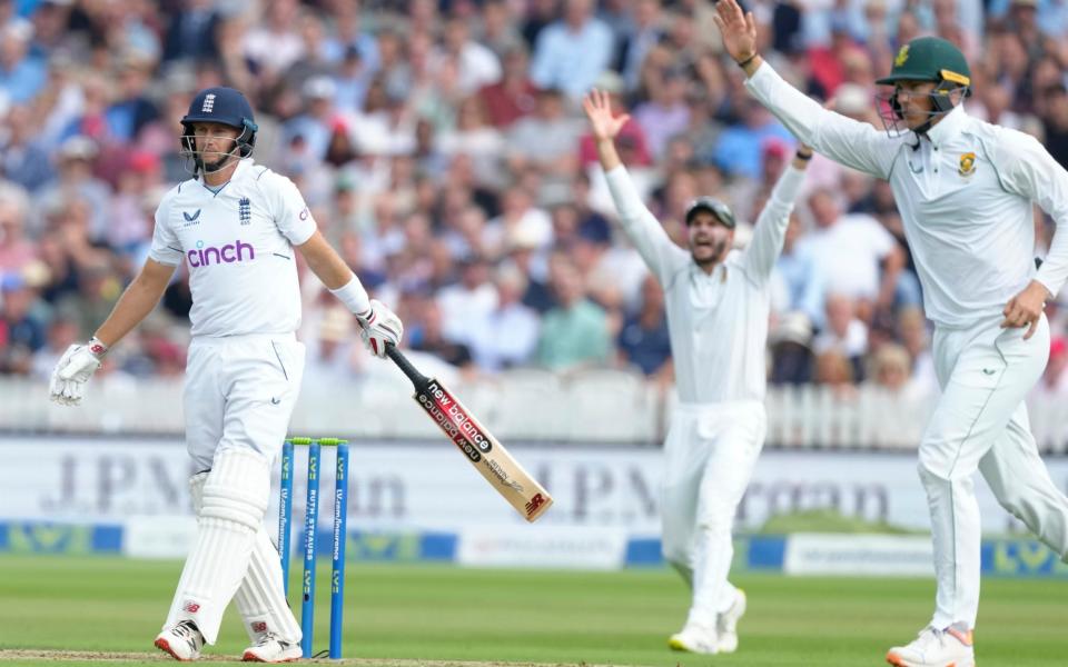 England's Joe Root is bowled for LBW off the bowling of South Africa's Marco Jansen during the first day of the test match - AP