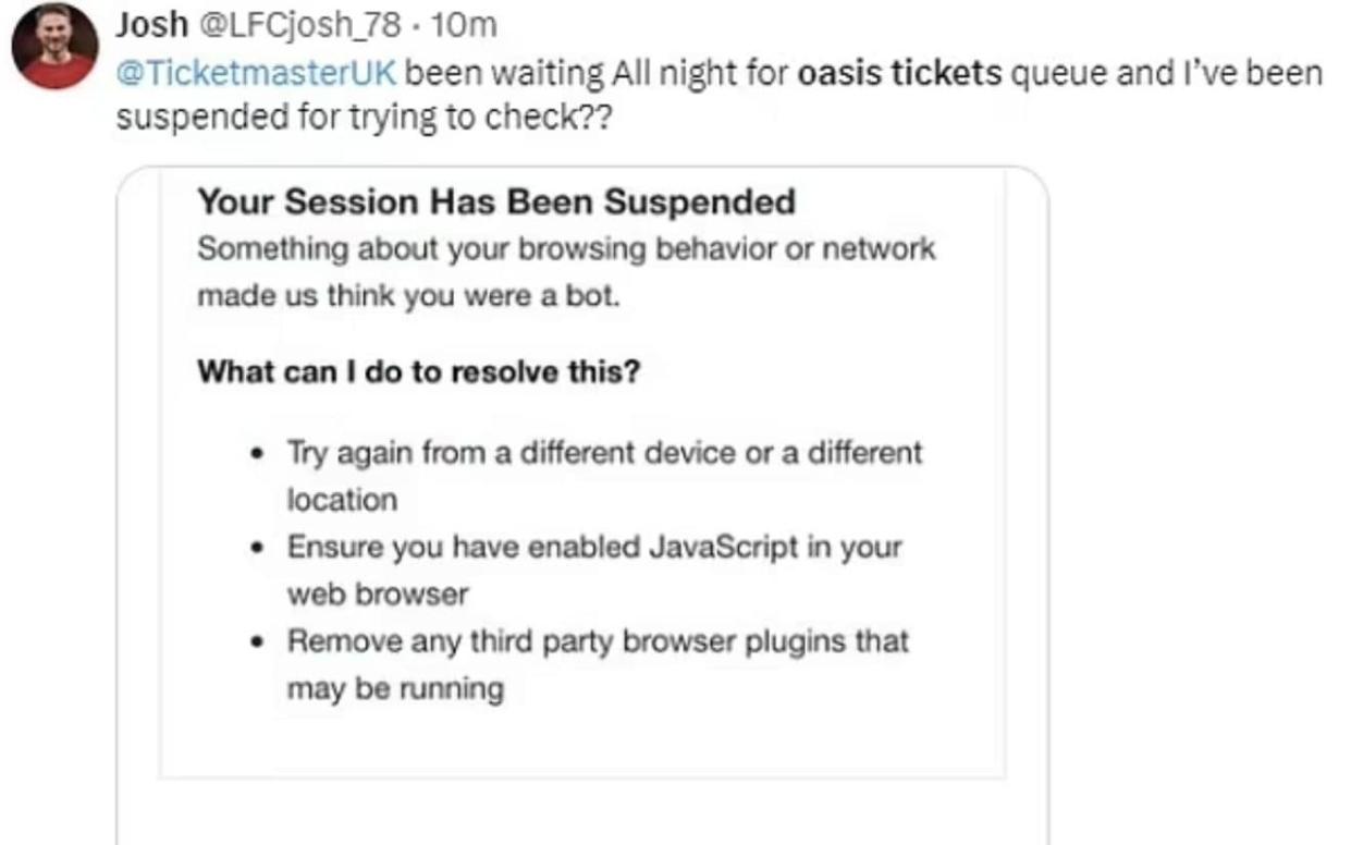 Screenshot from fan who had been waiting for tickets only to be told his session had been suspended