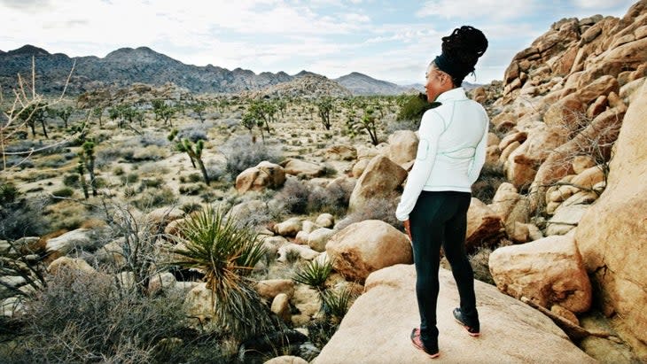 A woman on a boulder looking over the vista of Joshua Tree National Park