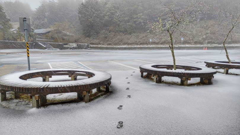 大雪山森林遊樂區49公里處在今早6時許開始下雪。（圖／翻攝自臉書／大雪山國家森林遊樂區）